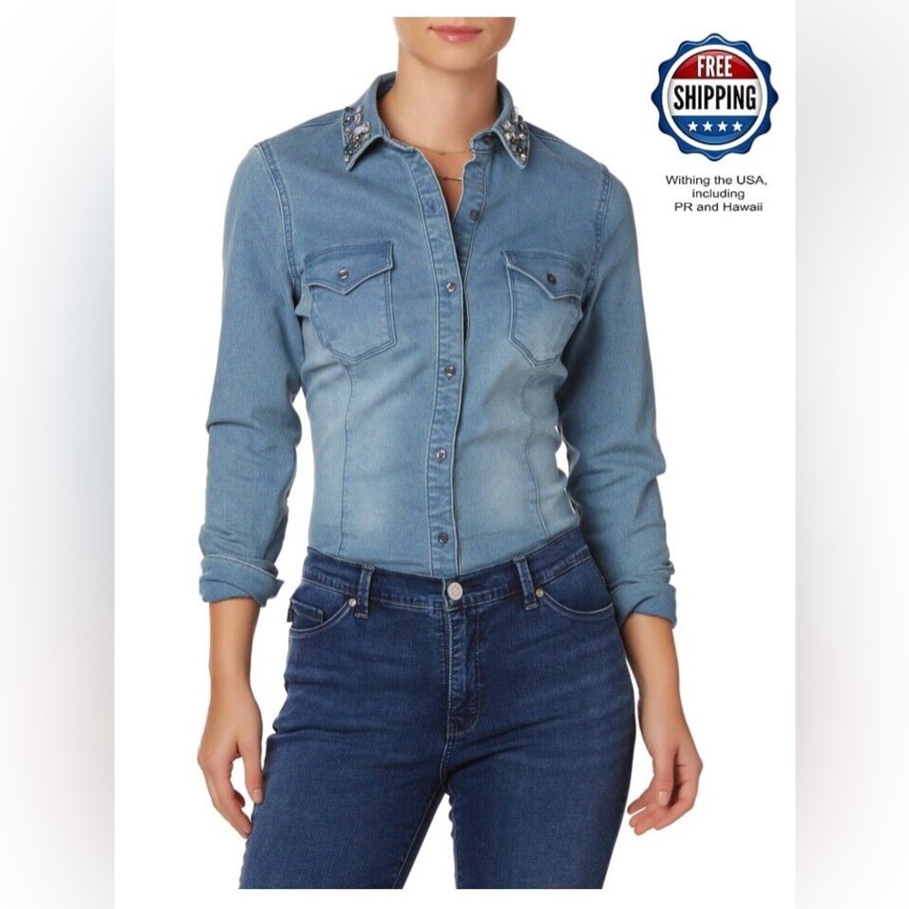 R1893 Women Embellished Denim Shirt Light Wash Long Sleeves Button Down